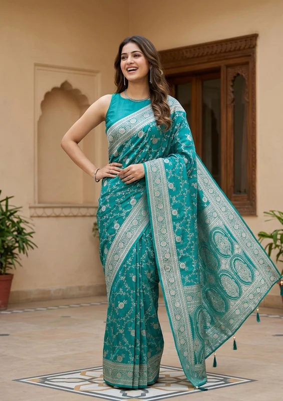 Rama Green Stonework (Gold) Art Silk Saree